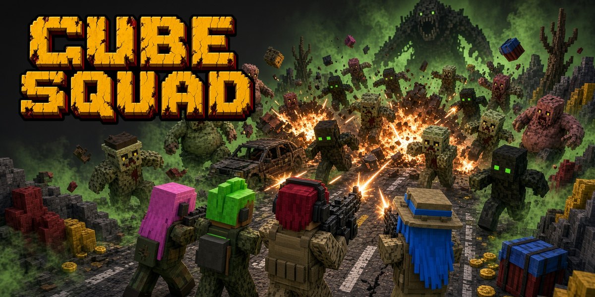 CUBE SQUAD — four squad members hold the road against a horde of voxel infected