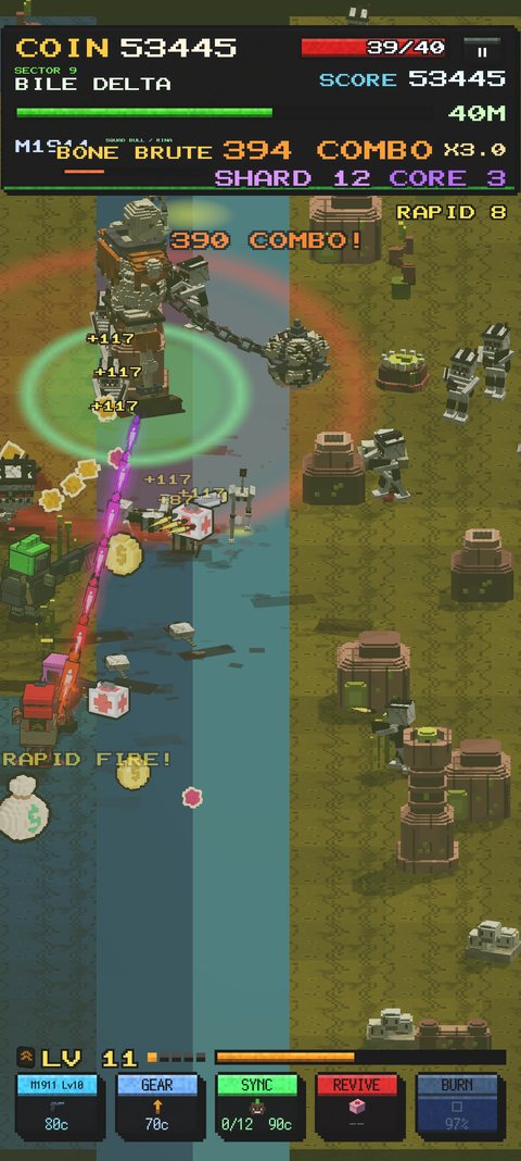 A fused weapon fires a rainbow beam at the mid-boss BONE BRUTE