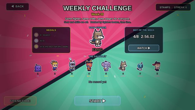 The weekly challenge screen with medals and this week's bot