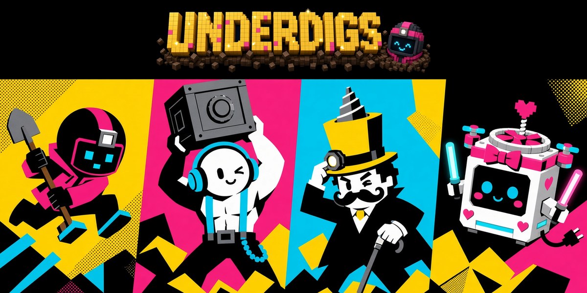 UNDERDIGS — gold voxel title over four characters in a black, yellow, pink and cyan pop-art poster