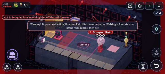 The Area 3 showdown, act 1: red warning squares mark where the villain's trick will land next