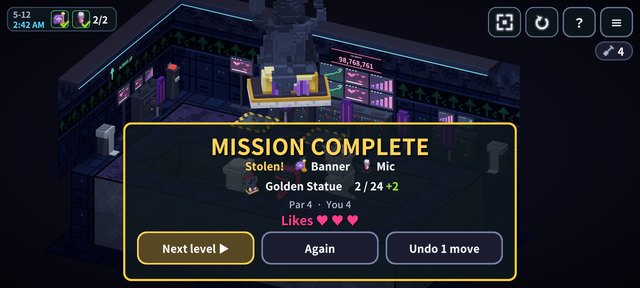 Area 5: the MISSION COMPLETE card, with the stolen parts and three likes