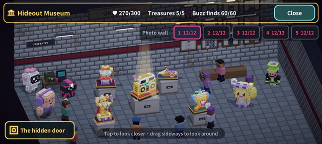 The hideout museum: five treasures on pedestals, the crew and the wall of 60 buzz finds