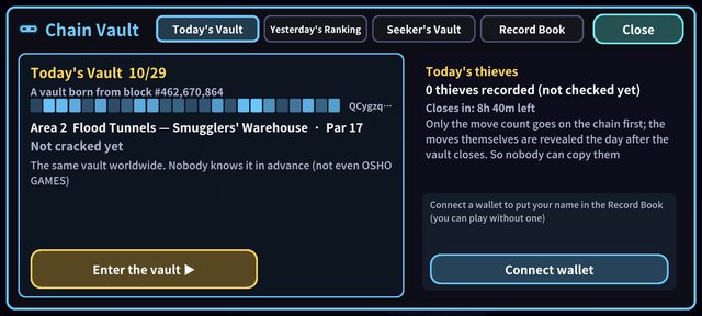 The Chain Vault: today's vault and the Solana block it was born from, with no wallet connected