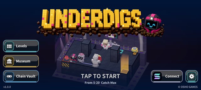 The title screen: the UNDERDIGS logo, with the wallet and settings buttons at the bottom right